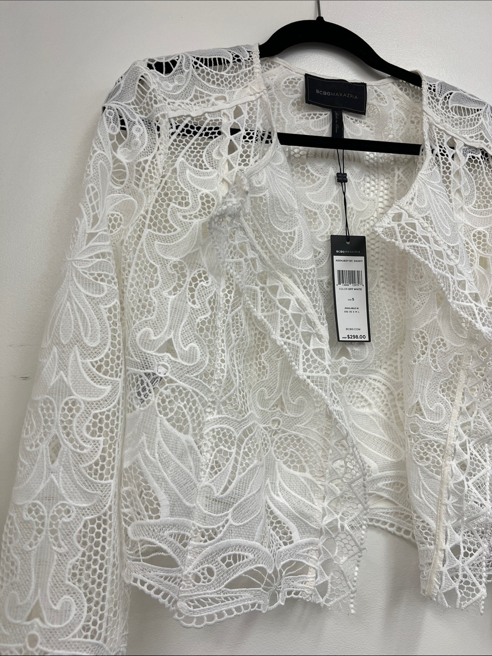 BCBGMaxAzria White Floral Lace Sheer Open-Front Blazer Jacket Coat NWT